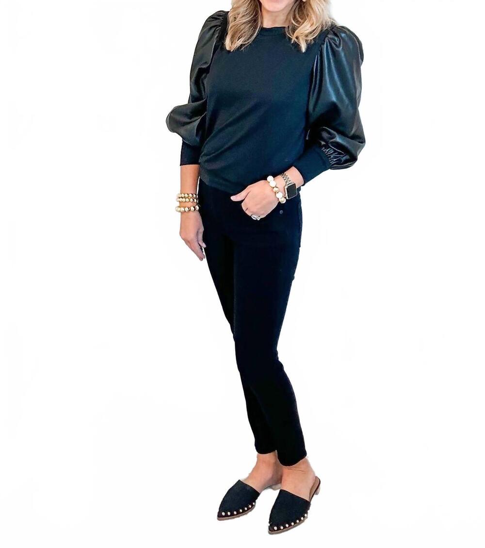 NEW WILLA STORY faux leather knit top in navy